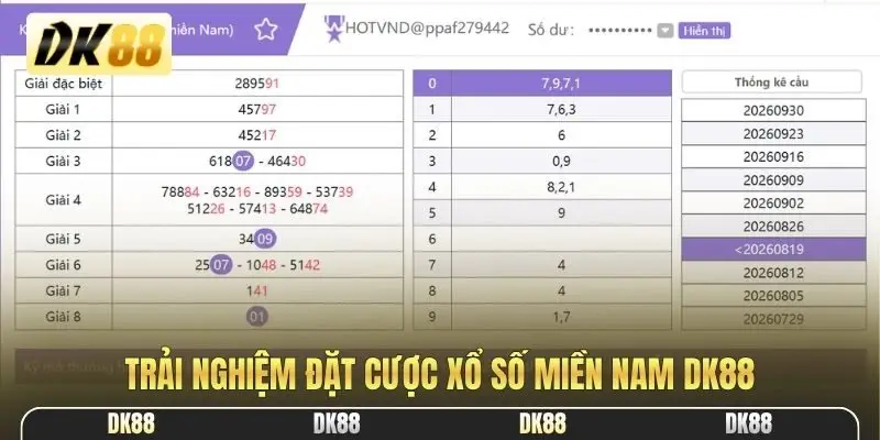Trải nghiệm đặt cược xổ số miền Nam DK88